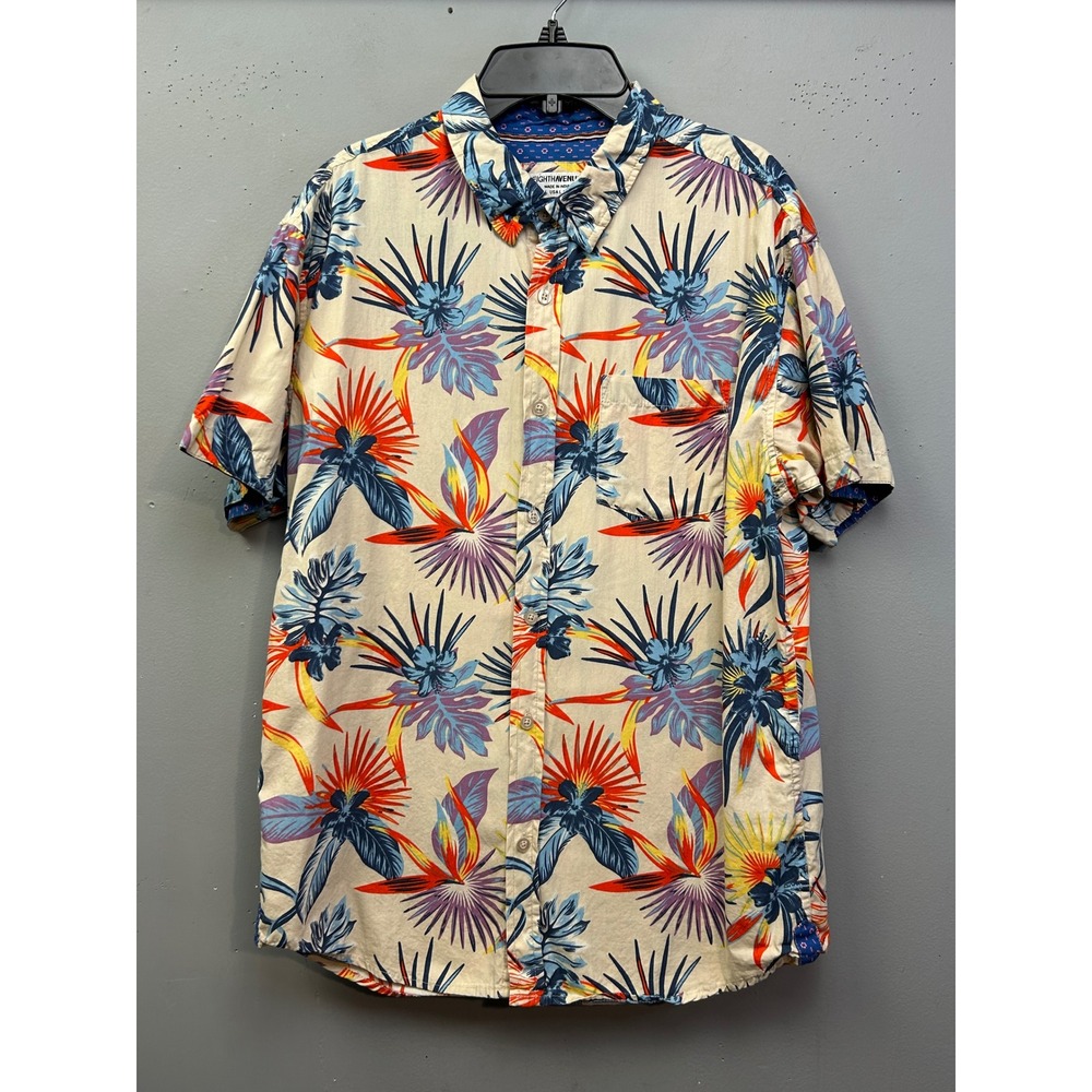 Eighth Avenue Shirt Mens Large Cream Blue Tropical Bird of Paradise Cotton Top